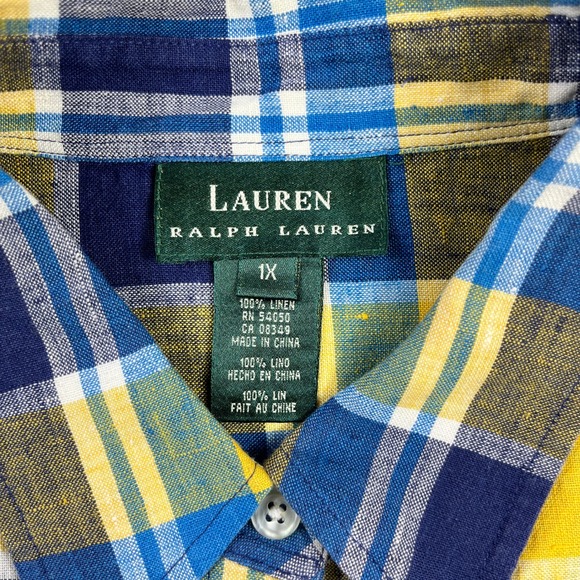 Lauren Ralph Lauren Womens 1X Linen Plaid Button Down Shirt Yellow Blue LRL - Picture 5 of 6